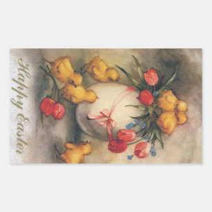 Sticker Rectangulaire Poussins de Pâques vintage avec fleurs de tulipes