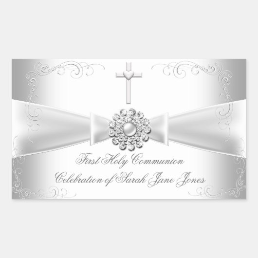 Sticker Rectangulaire Première communion fille Blanc Argent (Devant)