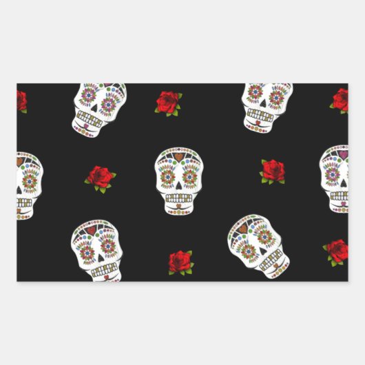 Sticker Rectangulaire RAB Rockabilly Sugar Skulls Roses On Black (Devant)