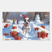 Sticker Rectangulaire Rat Terrier Courir en neige avec Casquette de Noël (Devant)