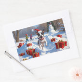 Sticker Rectangulaire Rat Terrier Courir en neige avec Casquette de Noël (Enveloppe)