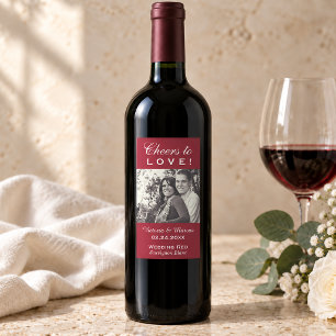 Sticker Rectangulaire Red Cheers to Love Mariage Photo Wine Bottle Favor
