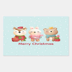 Sticker Rectangulaire Rennes, ours et lapin Joyeux Noël