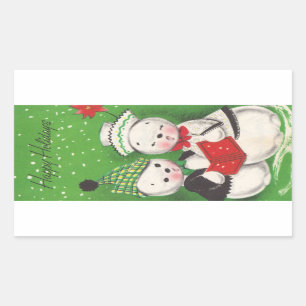 Sticker Rectangulaire Rétro Noël de bonhomme de neige