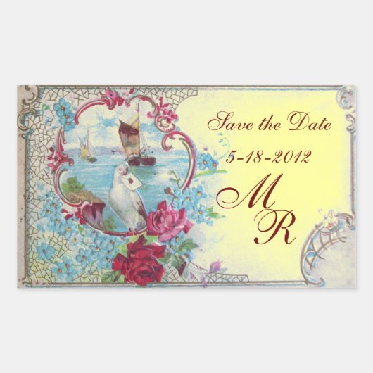 Sticker Rectangulaire ROMANTICA MONOGRAM, Enregistrer la date, Jaune (Devant)