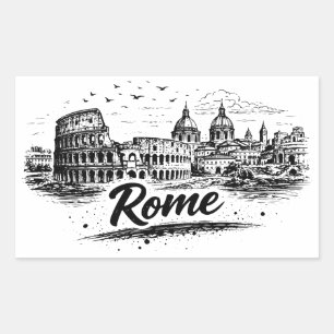 Sticker Rectangulaire Rome Vintage Italie Paysage Urbain Dessin au Crayo