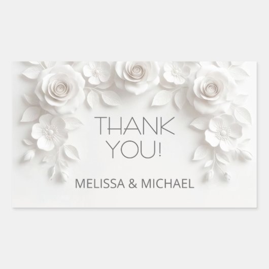 Sticker Rectangulaire Roses 3D blanches Mariage Merci (Devant)