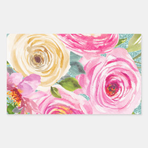 Sticker Rectangulaire Roses aquarelles en rose et crème avec paillettes
