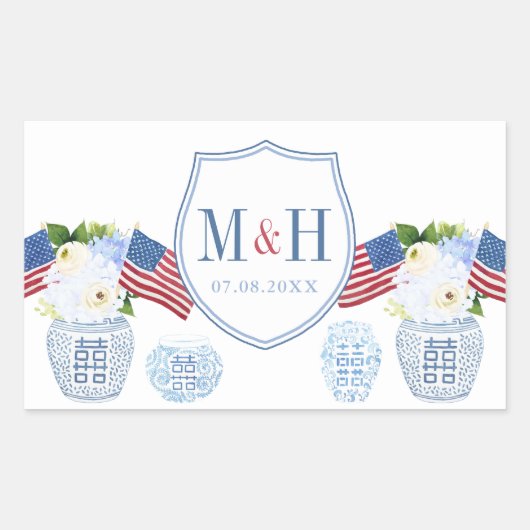 Sticker Rectangulaire Rouge Blanc Et Bleu Mariage Logo Chinoiserie Chic (Devant)