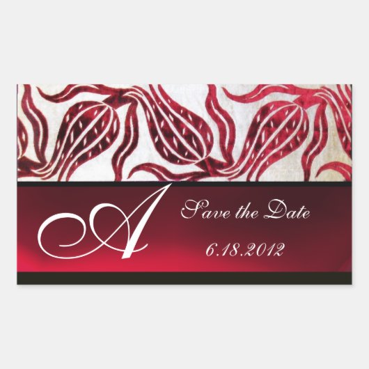 Sticker Rectangulaire ROUGE VELVET DAMASK TULIPS MONOGRAMME Bourgogne Bl (Devant)