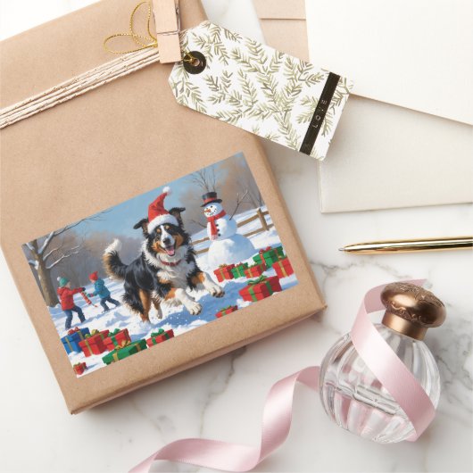 Sticker Rectangulaire Rough Collie Courir dans la neige avec le Casquett (Cadeaux)