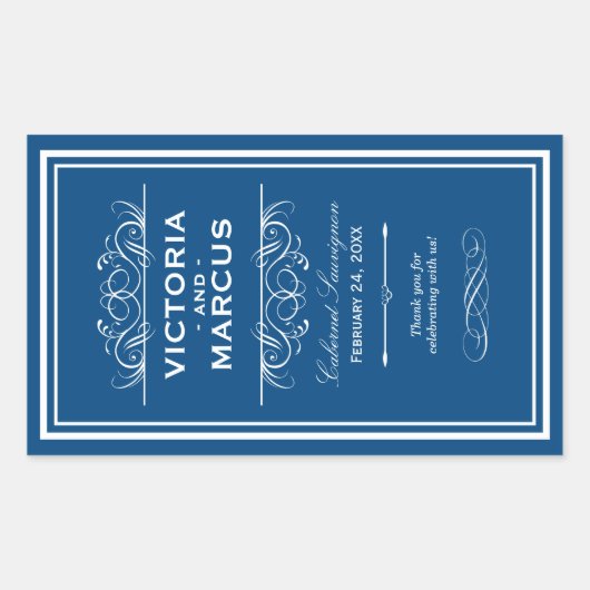 Sticker Rectangulaire Royal Bleu Élégant Mariage Monogramme Bouteille de (Devant)