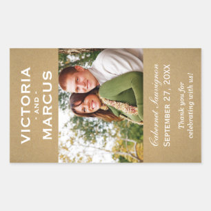 Sticker Rectangulaire Rustic Kraft Mariage Monogramme Photo Vin Favorise