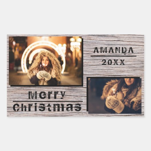 Sticker Rectangulaire Rustic Wood 2 Photo Collage Noël (Devant)