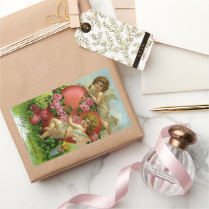 Sticker Rectangulaire Saint-Valentin Victorien Vintage Anges Cœur Rose