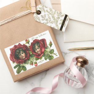Sticker Rectangulaire Saint Valentin vintage, Visages victoriens en Rose