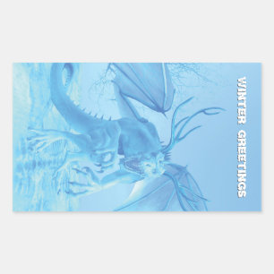 Sticker Rectangulaire Salutations d'hiver. Dragon de glace avec bois