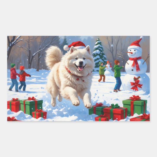 Sticker Rectangulaire Samoyed Running en neige avec Casquette de Noël (Devant)