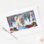 Sticker Rectangulaire Samoyed Running en neige avec Casquette de Noël (Enveloppe)