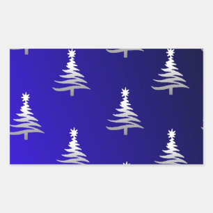 Sticker Rectangulaire Sapins de Noël Argent sur Bleu Cobalt