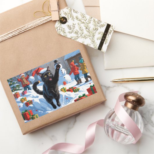 Sticker Rectangulaire Scène de fête de Noël de chat noir (Cadeaux)