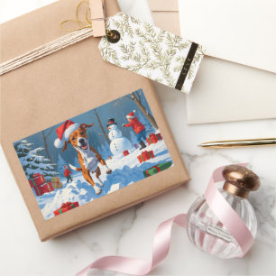 Sticker Rectangulaire Scène de neige festive de Noël avec un Basenji