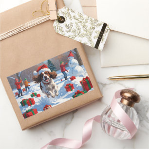 Sticker Rectangulaire Scène de neige festive de Noël avec un épagneul br