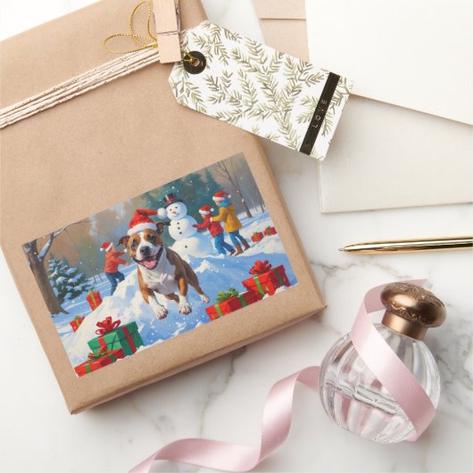 Sticker Rectangulaire Scène de Noël de Bull Terrier (Cadeaux)