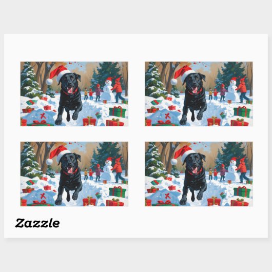 Sticker Rectangulaire Scène de Noël du Labrador noir (Feuille)