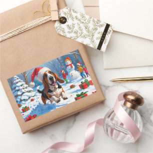 Sticker Rectangulaire Scène de Noël festive avec un Basset Hound dans la
