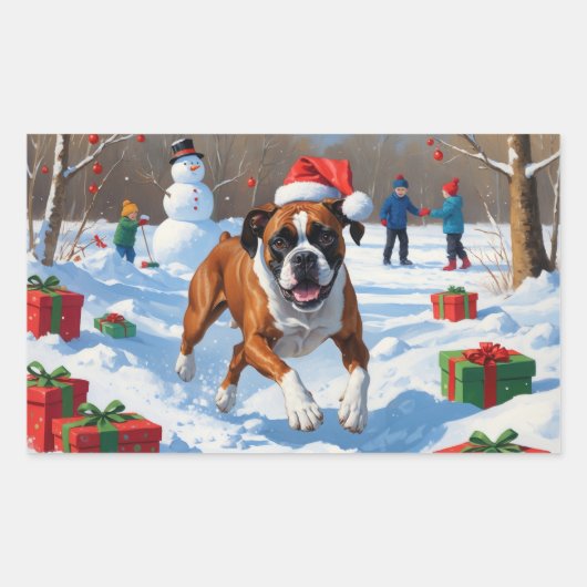 Sticker Rectangulaire Scène de Noël festive de Boxer dans la neige (Devant)