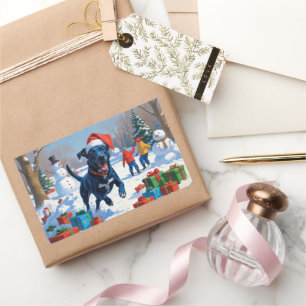 Sticker Rectangulaire Scène festive de Noël avec Blue Heeler dans la nei