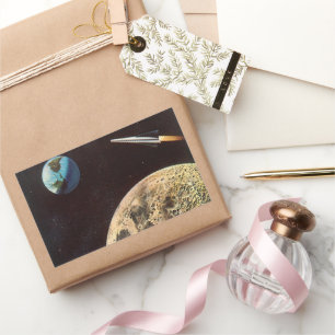 Sticker Rectangulaire Science-fiction vintage, vaisseau spatial au-dessu