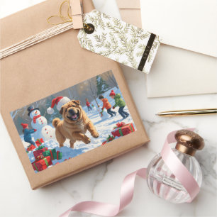 Sticker Rectangulaire Shar Pei courant dans la neige avec un chapeau de