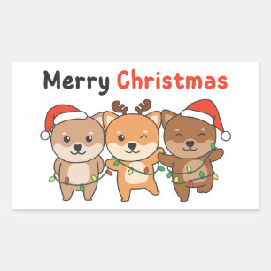 Sticker Rectangulaire Shiba Inu Joyeux Noël mignon Chiens Fêtes