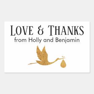 Sticker Rectangulaire Simple Faux Gold Stork Love & Thanks Baby shower
