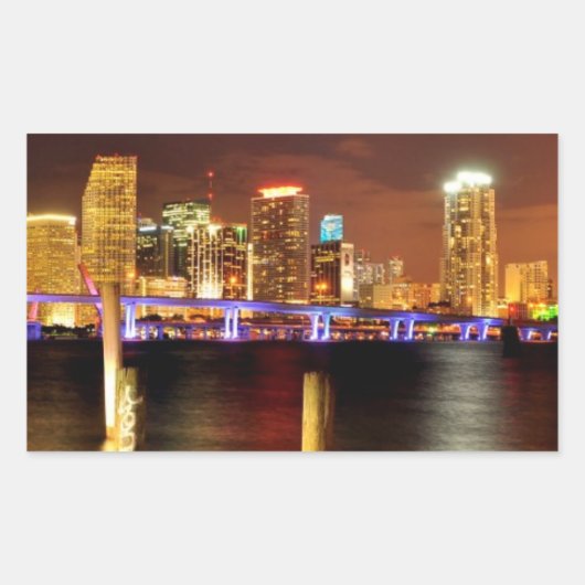 Sticker Rectangulaire Skyline de Miami la nuit, Floride (Devant)
