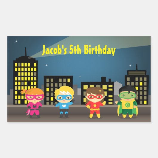 Sticker Rectangulaire Skyline Superhero fête d'anniversaire pour enfants (Devant)