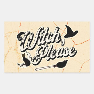 Sticker Rectangulaire Sorcière s'il vous plaît, Halloween Vintage Chat N