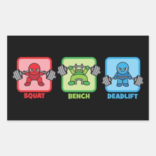Sticker Rectangulaire Squat, Banch Press, Deadlifter - Kawaii Powerlifte (Devant)