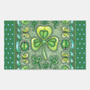 STICKER RECTANGULAIRE ST. PATRICK'S DAY FOLK ART SHAMROCKS N'LADYBUGS