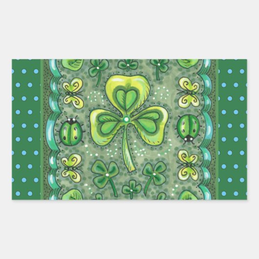 STICKER RECTANGULAIRE ST. PATRICK'S DAY FOLK ART SHAMROCKS N'LADYBUGS (Devant)