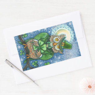 STICKER RECTANGULAIRE ST. PATRICK'S DAY OWL, 4 HORLOGE LEPRECHAUN