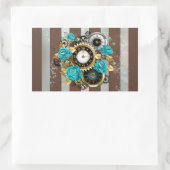 Sticker Rectangulaire Steampunk Clock and Turquoise Roses on Striped (Sac)