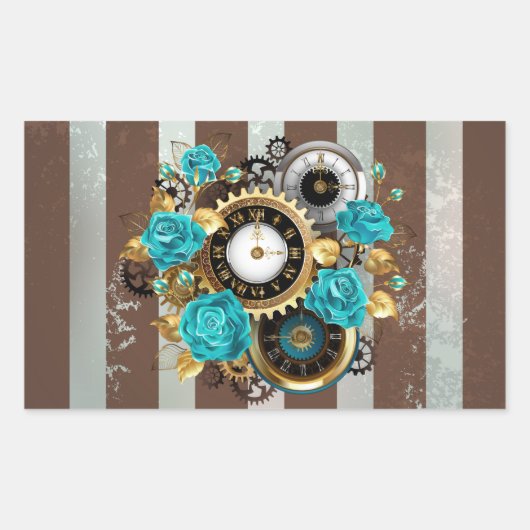 Sticker Rectangulaire Steampunk Clock and Turquoise Roses on Striped (Devant)