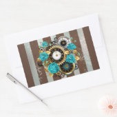 Sticker Rectangulaire Steampunk Clock and Turquoise Roses on Striped (Enveloppe)