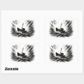 Sticker Rectangulaire Stormy Seas Ink Boat Battling the Waves Art on  (Feuille)