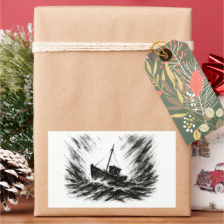 Sticker Rectangulaire Stormy Seas Ink Boat Battling the Waves Art on 