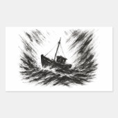 Sticker Rectangulaire Stormy Seas Ink Boat Battling the Waves Art on  (Devant)
