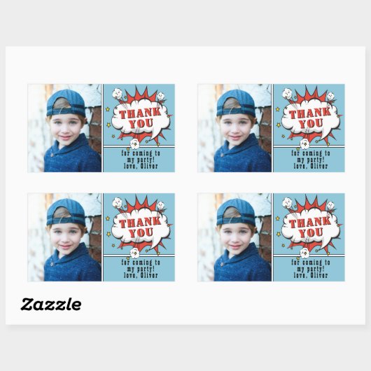 Sticker Rectangulaire Superhero Comic Boy Anniversaire Photo Merci (Feuille)